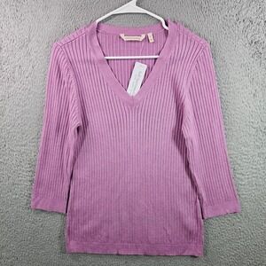 NEW Soft Surroundings Womens Ribbed V Neck 3/4‎ Sleeve Sweater Purple Size Small